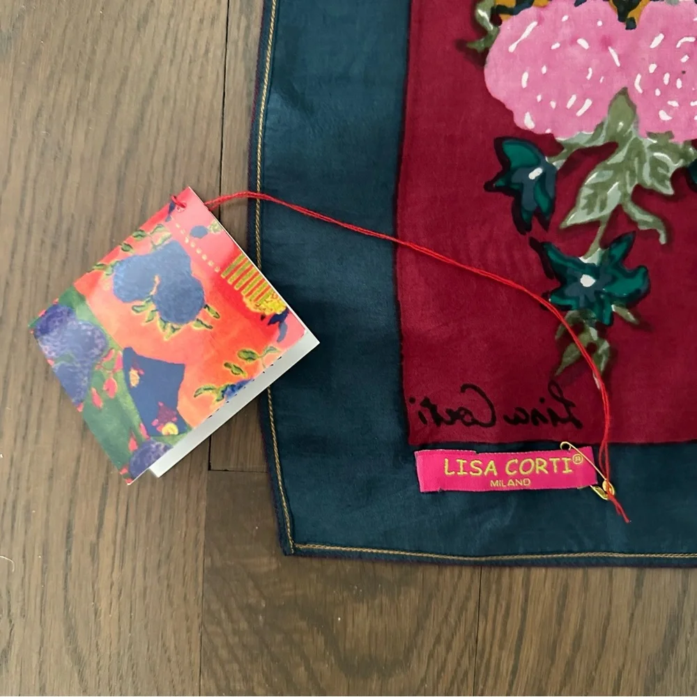 NWT Lisa Corti 100% Silk Pocket Square Scarf Geometric Floral Print 50cmx50cm